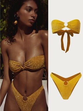 Same Swimwear Pierced Bandeau Top and Bottom in Gold Lurex